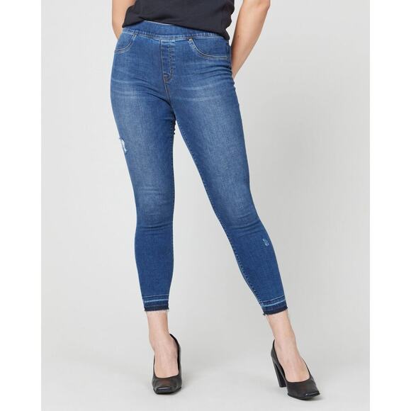 Spanx Distressed Skinny Jeans Dark Blue Wash Size Large Stretch Compression - Picture 1 of 7